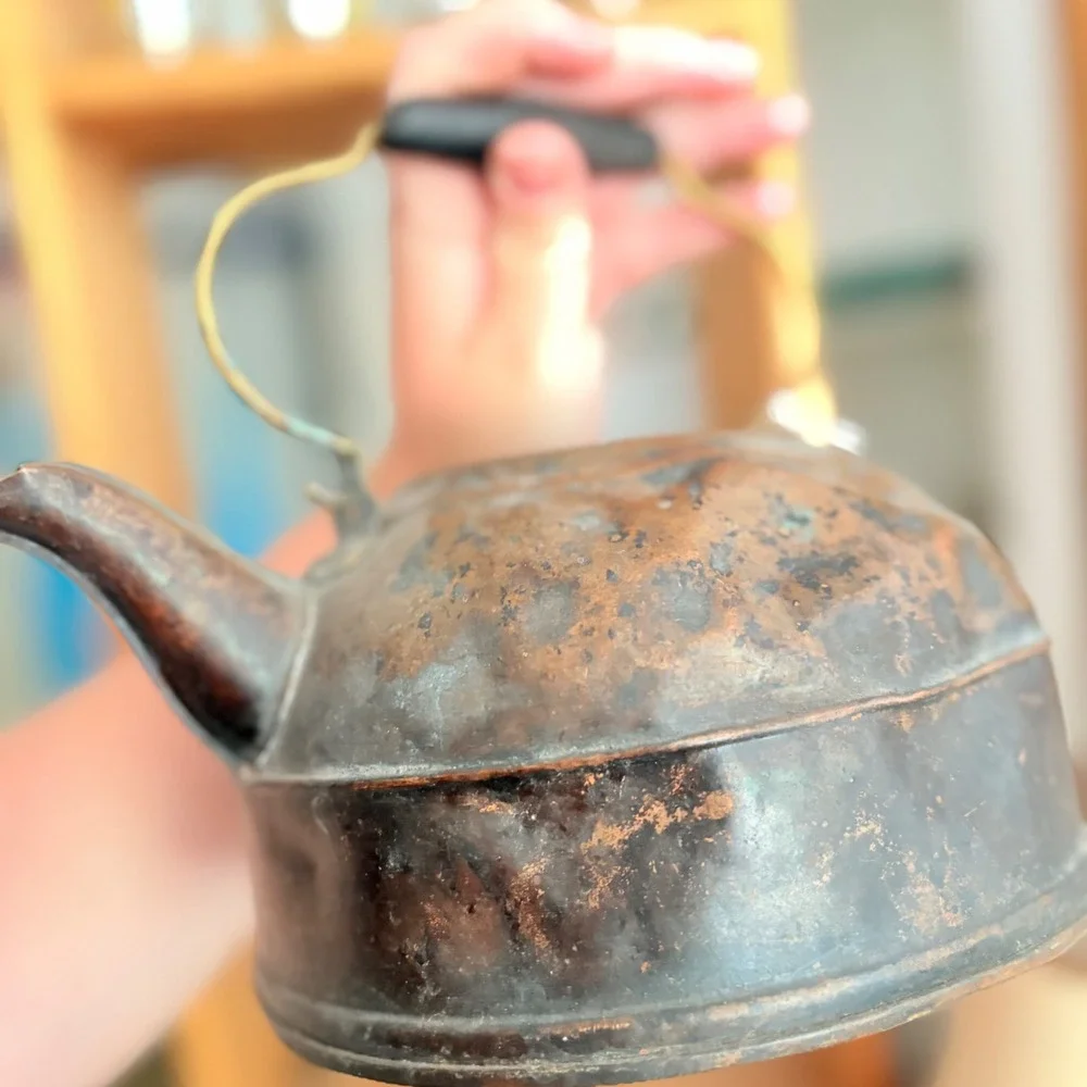 Antique Copper Tea Kettle Rustic Primitive Farmhouse Decor Distressed Patina
